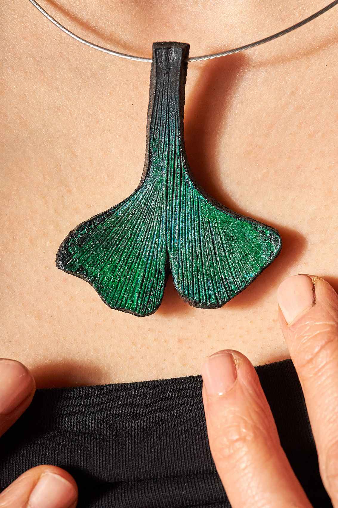 Japanese Ginkgo Leather Ladies Necklace Womens Handcrafted by woman Edyta Rosinska from Ertisun 1