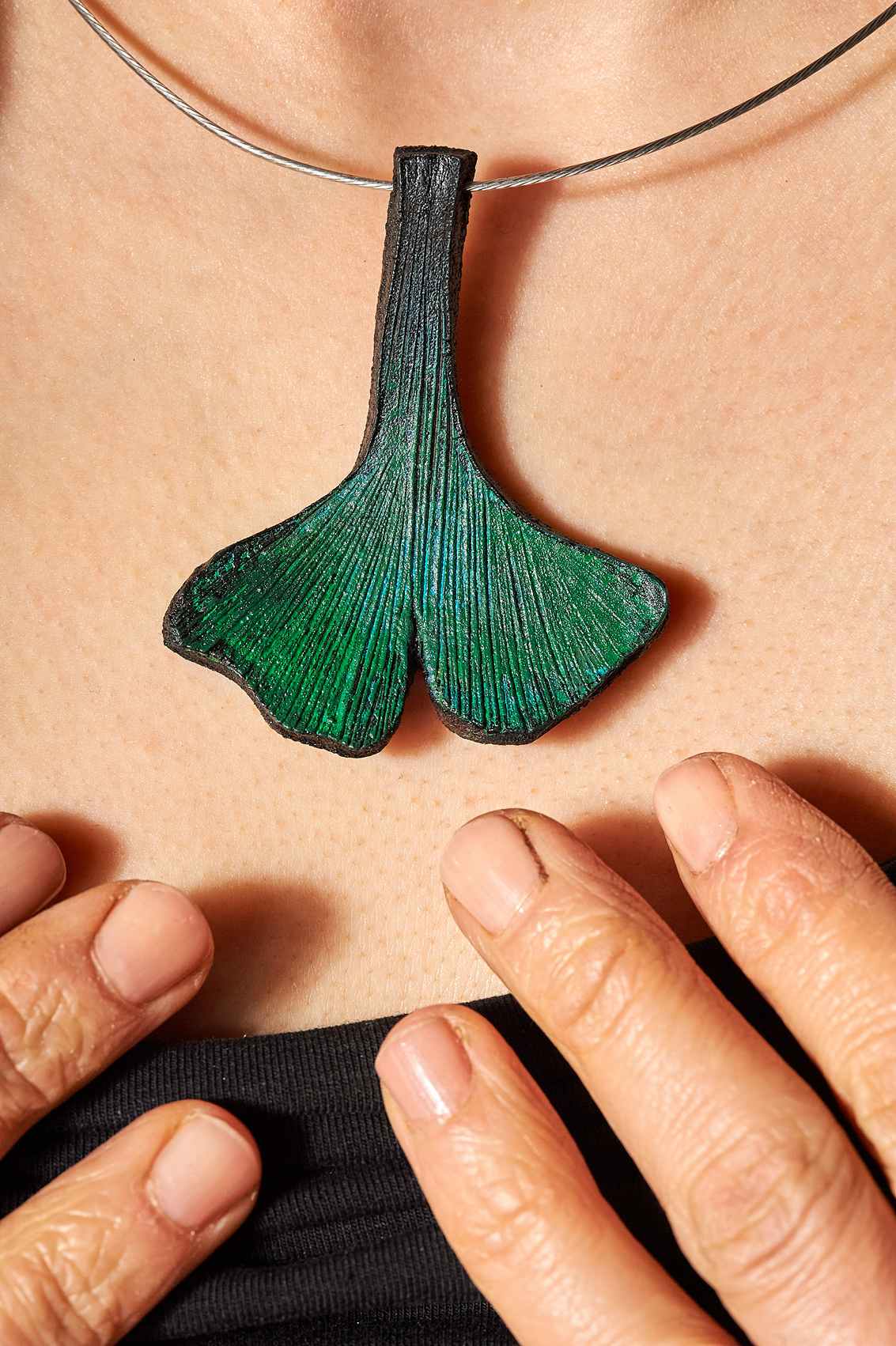 Japanese Ginkgo Leather Ladies Necklace Womens Handcrafted by woman Edyta Rosinska from Ertisun